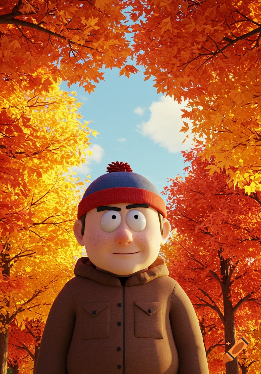 A 3D animated Stan Marsh wearing a beanie, standing under vibrant orange and yellow autumn leaves with a blue sky background.