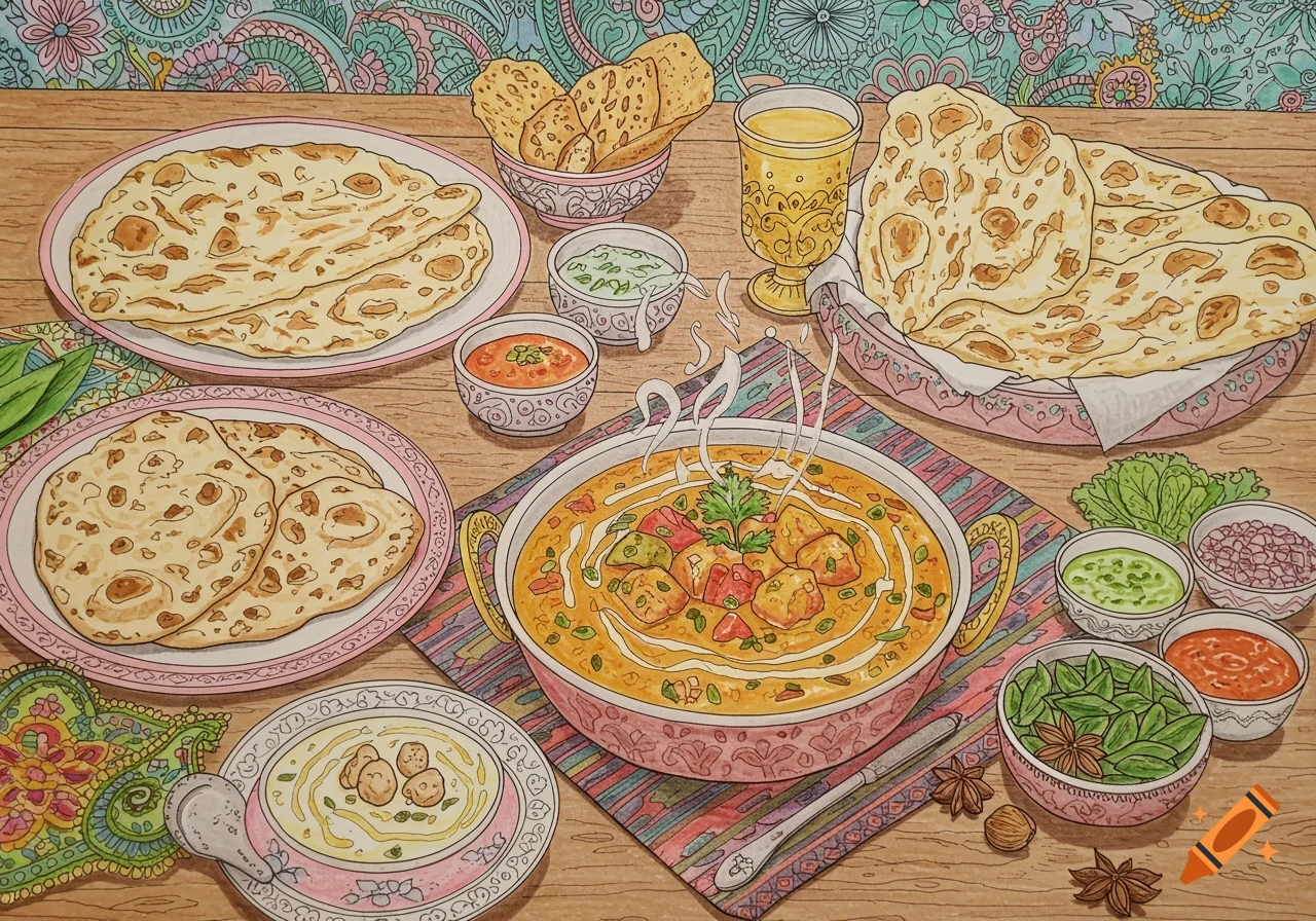 An overhead illustration of an Indian food spread on a wooden table, featuring a steaming bowl of curry, naan bread, and various side dishes, rendered in a coloring book style.