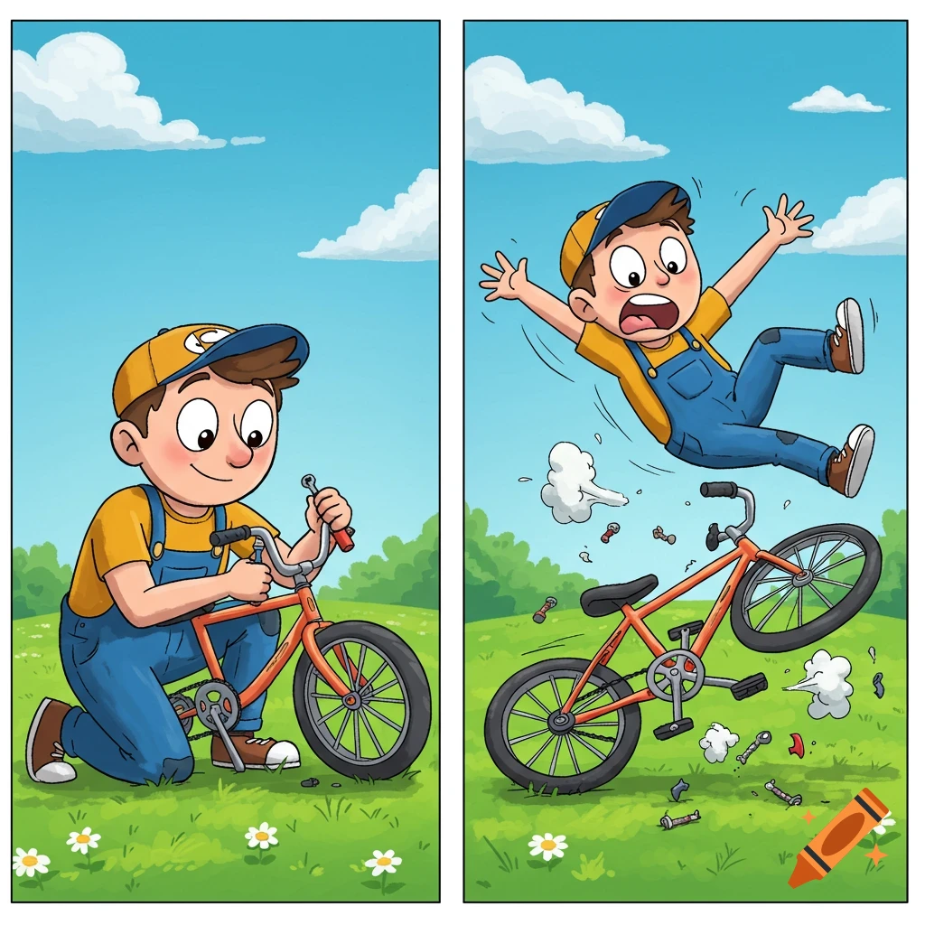 Cartoon panels show a boy fixing a bike, then falling off as it comically breaks.