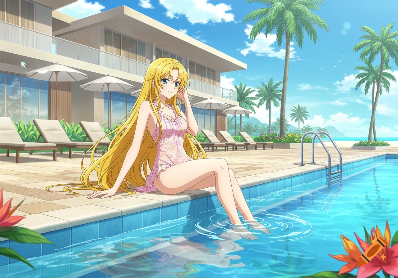 Anime lady with long blonde hair in a pink swimsuit sits by a pool, dipping her feet in, with a modern building and palm trees in the background on a sunny day.