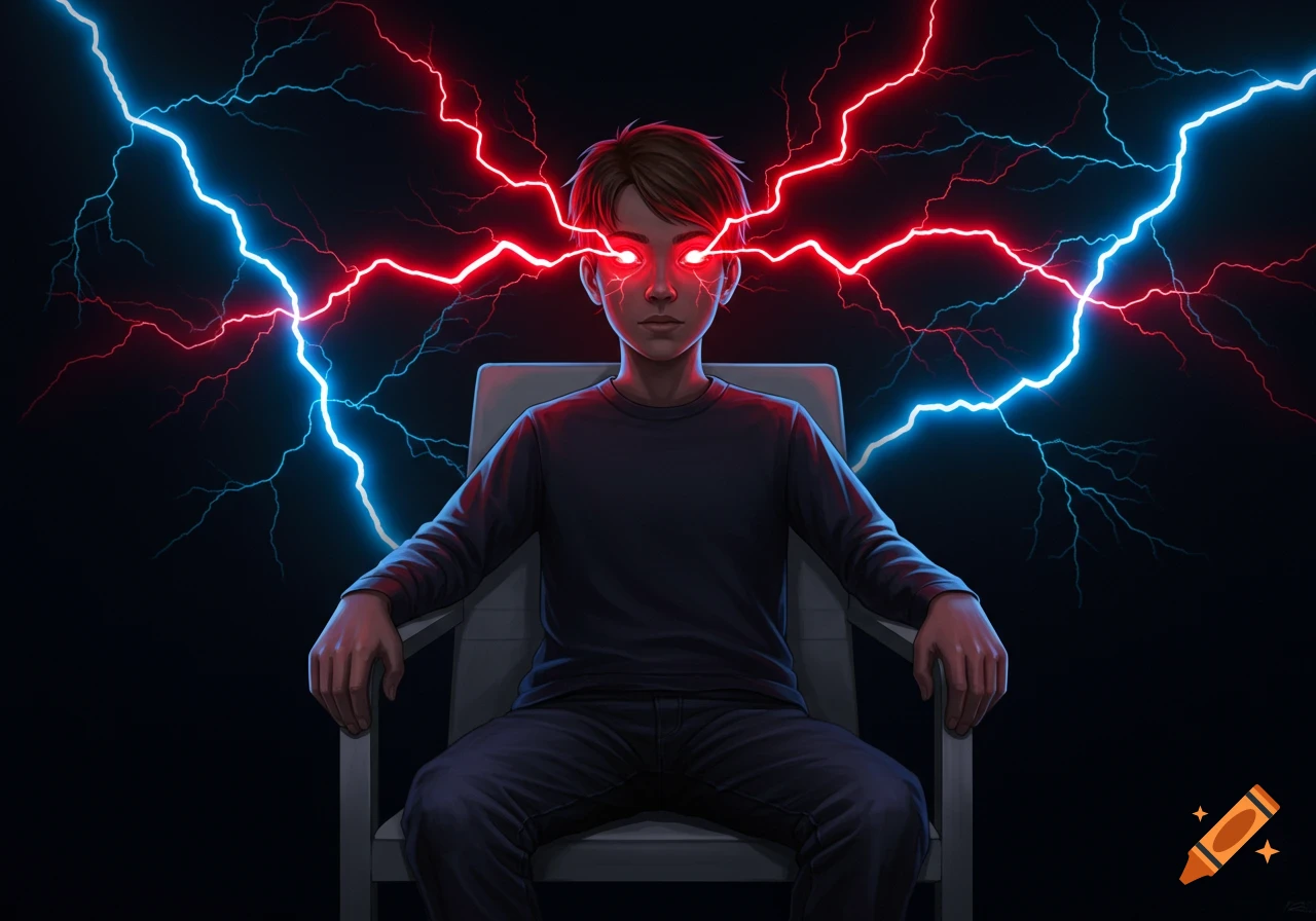 A stylized portrait of a teenage boy with glowing red eyes and red lightning bolts shooting from them, seated on a chair with blue lightning in the dark background.
