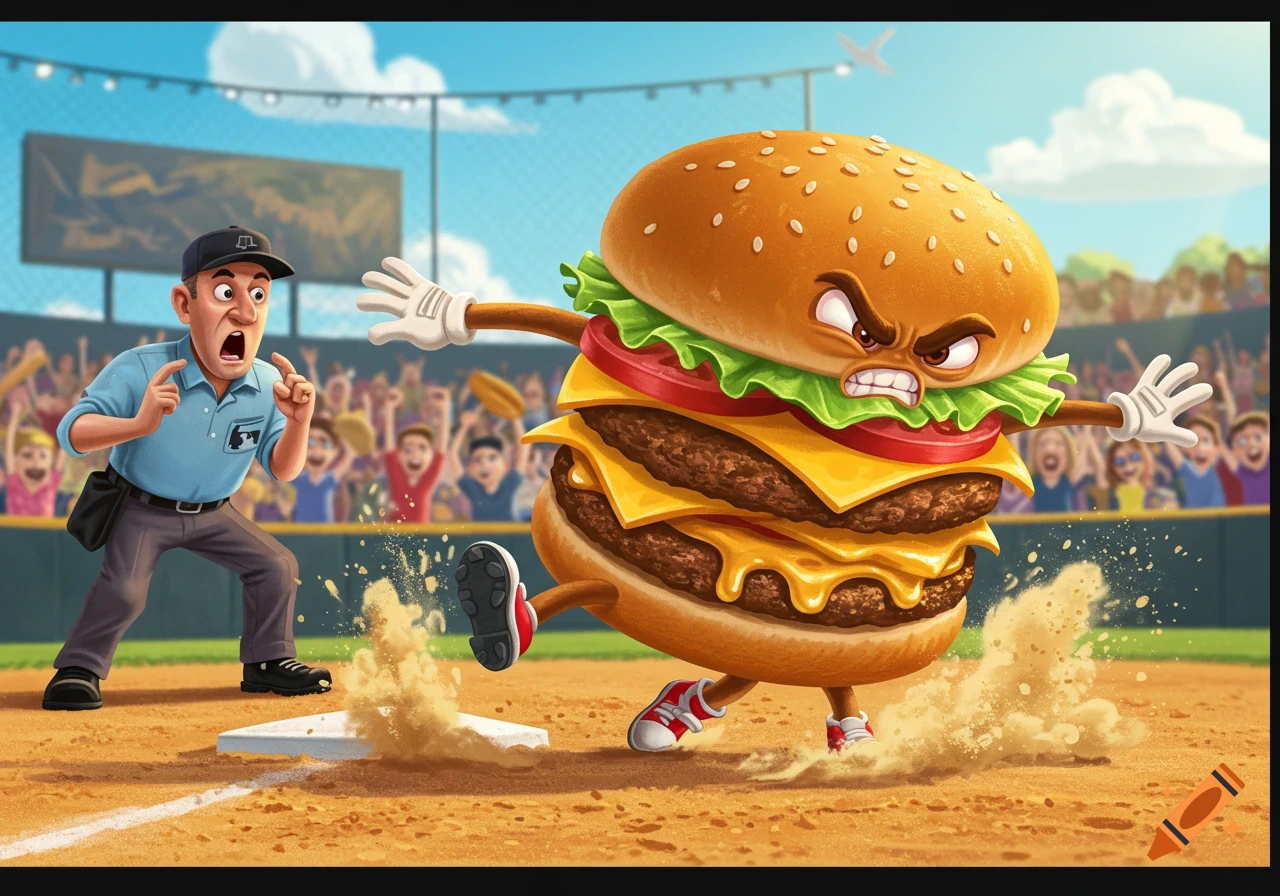Cartoon illustration of an angry hamburger with arms and legs sliding into home plate, kicking up dust, while a shocked umpire watches on a baseball field.