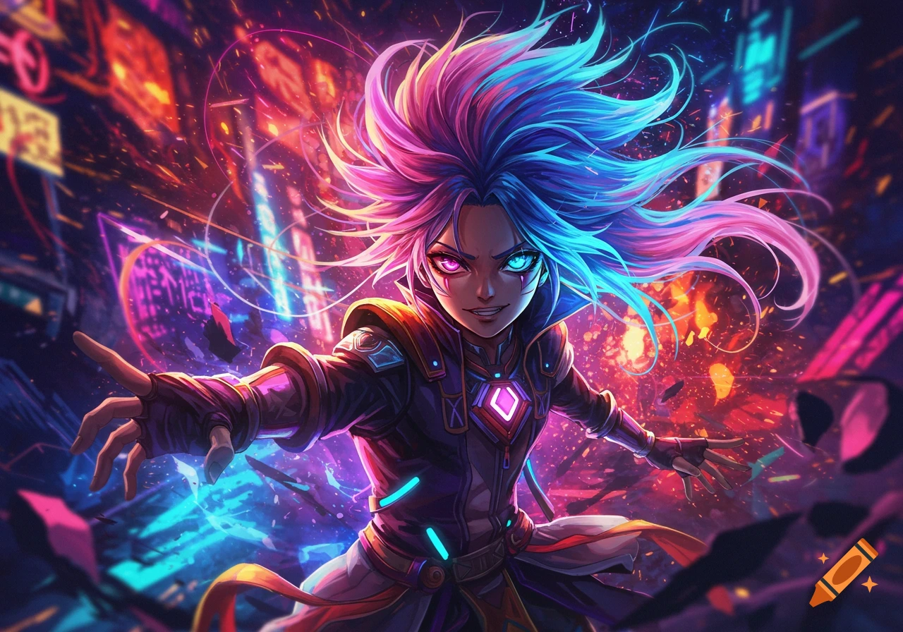 Anime character with vibrant pink and blue hair and glowing eyes in a neon cyberpunk city.