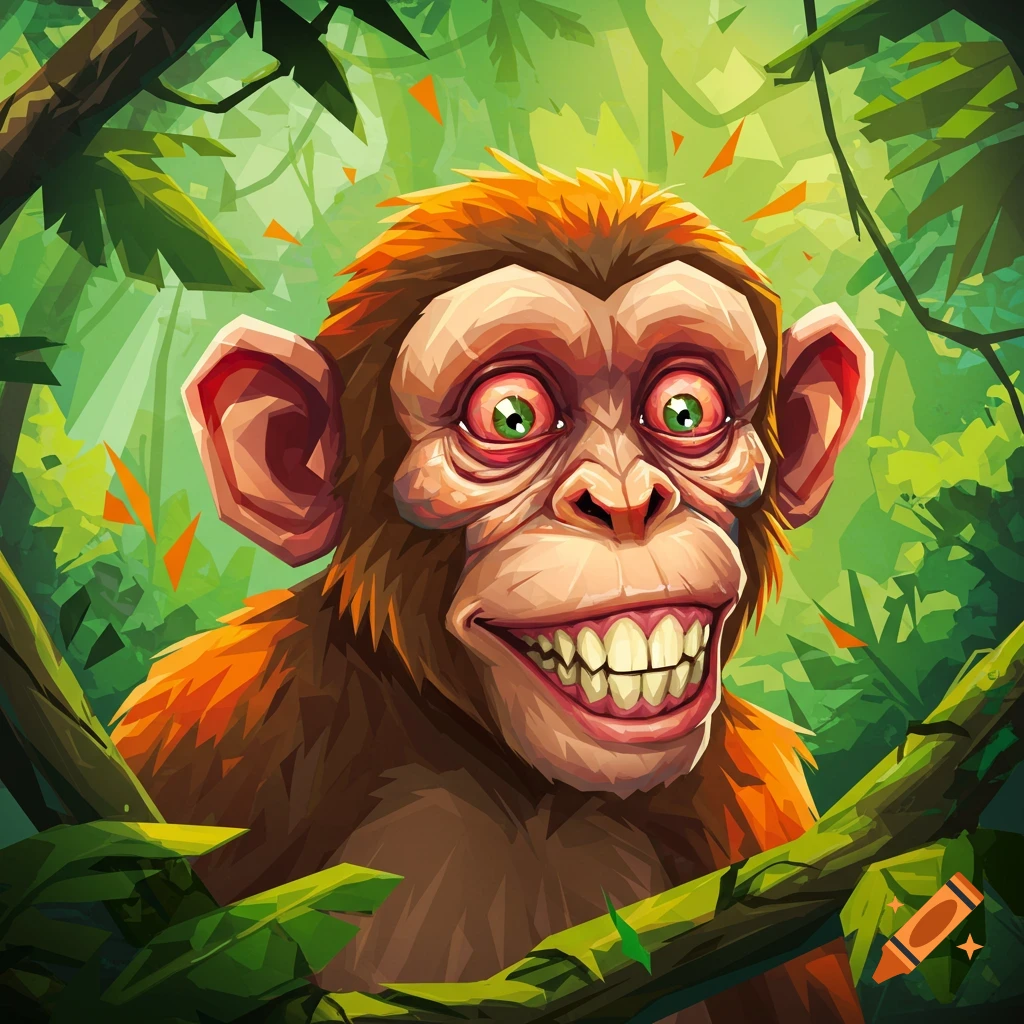 A stylized, cartoon monkey with red-rimmed green eyes and a wide, unsettling grin in a vibrant jungle setting.