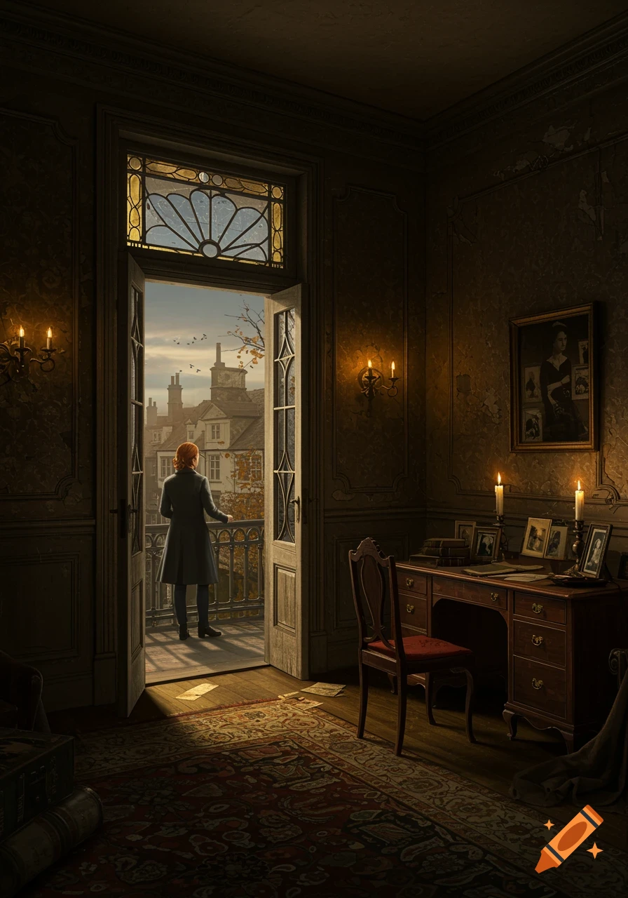 A person in a coat stands on a balcony, looking out from a dimly lit, ornate room over an old European city with rooftops and trees.