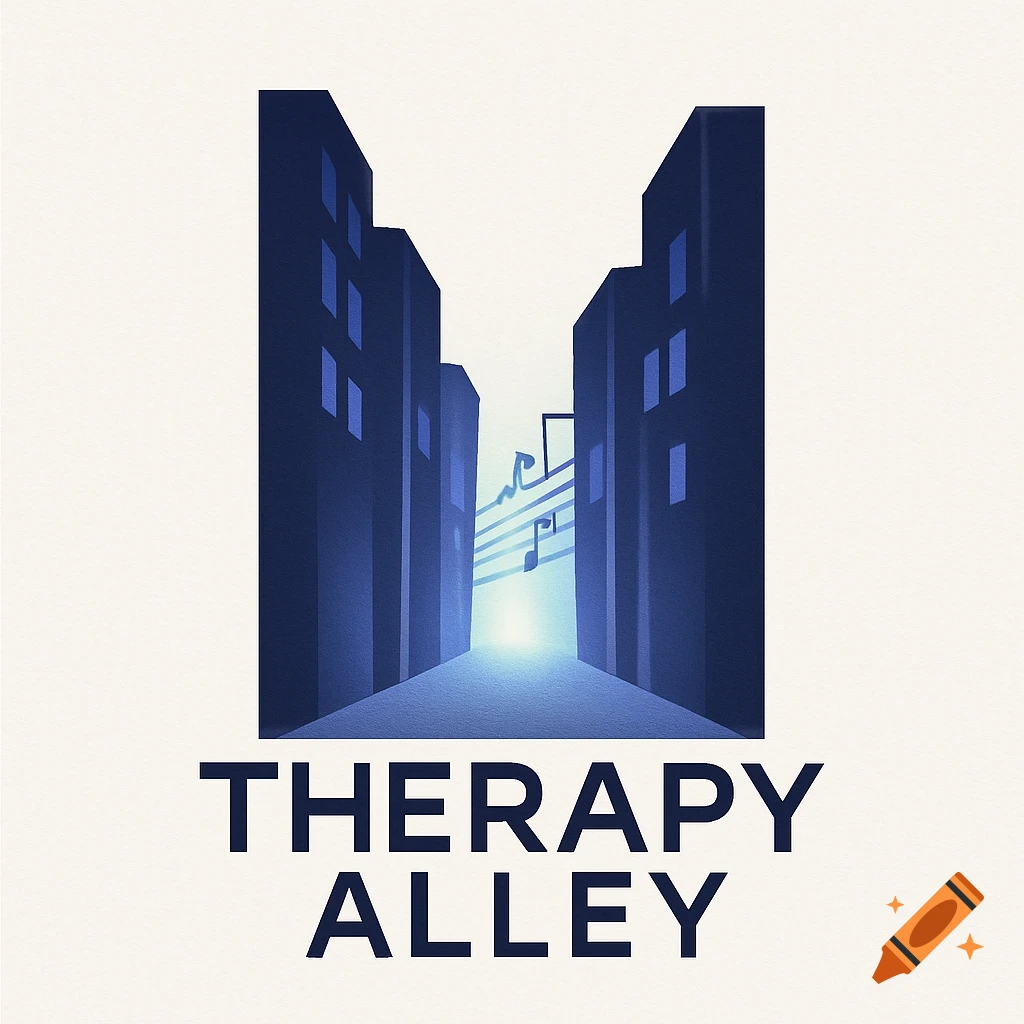 Stylized blue logo featuring buildings forming an alley with musical notes and the text 'THERAPY ALLEY'.