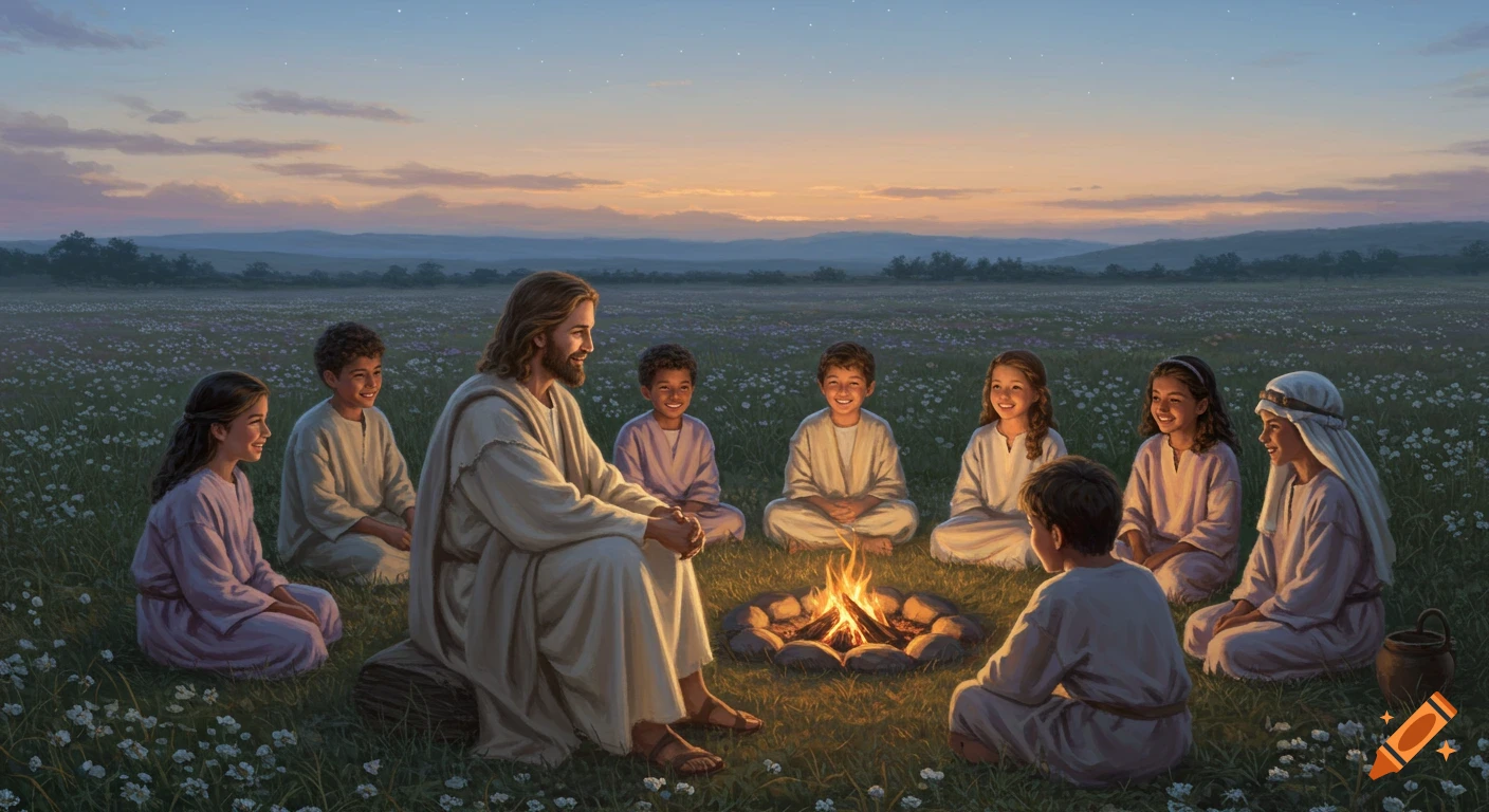 Painting of Jesus with children sitting around a campfire in a grassy field at dusk.