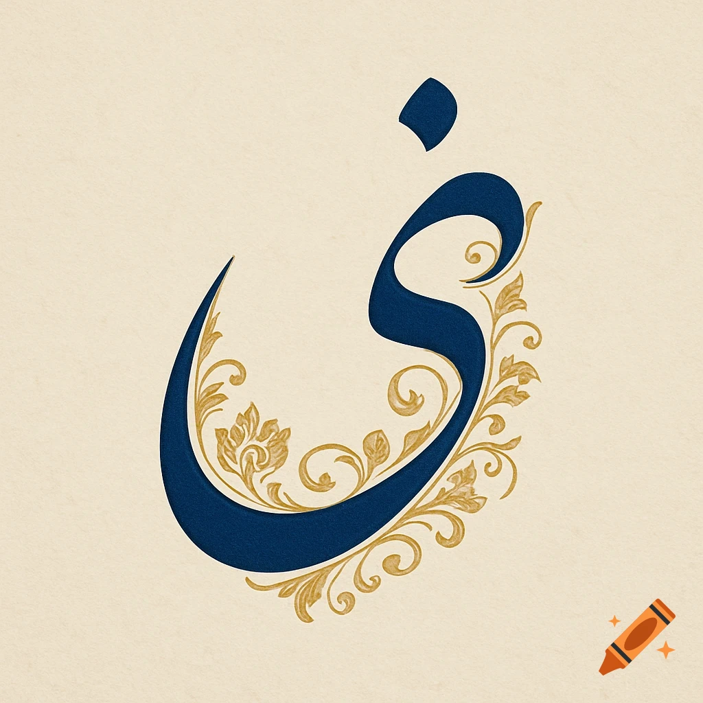 A stylized Persian letter 'Y' in dark blue with intricate gold floral patterns on a cream background.