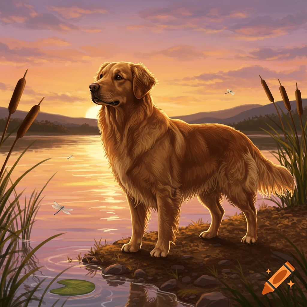 A golden retriever stands on a bank beside a lake with reeds and lily pads, under a colorful sunset sky with dragonflies.