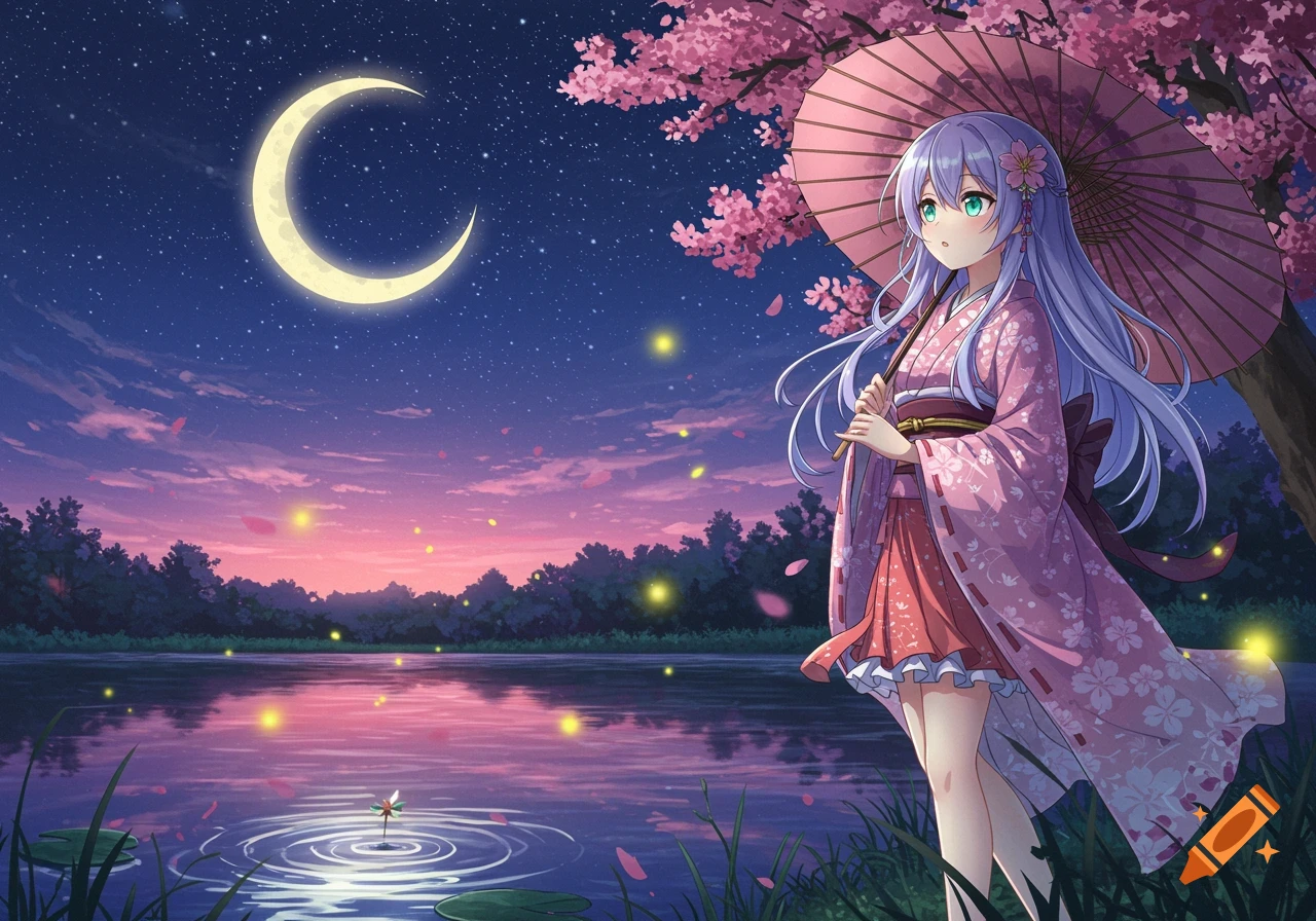 An anime girl in a pink kimono holds a parasol under a cherry blossom tree at night, by a lake with a crescent moon and fireflies.