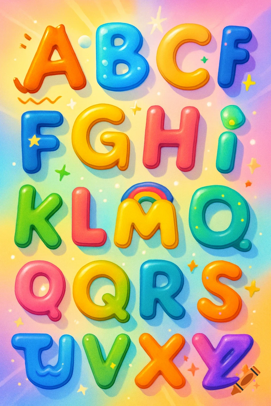 A vibrant, colorful illustration of the English alphabet letters from A to Y, rendered in a puffy, glossy style on a gradient background with sparkles.