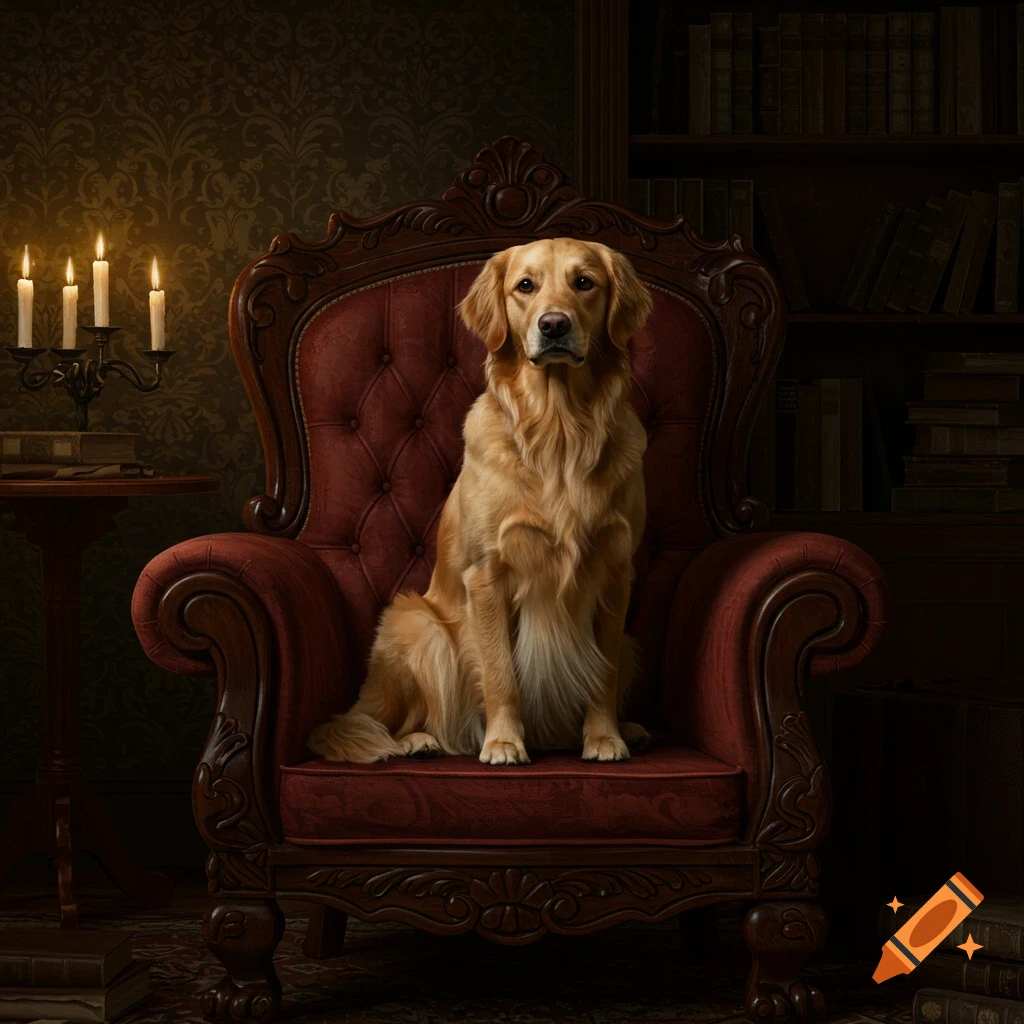 A regal golden retriever sits on a luxurious red velvet armchair in a dimly lit, ornate study, with bookshelves and lit candles.