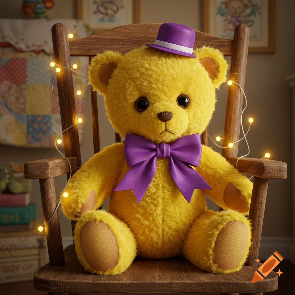 A yellow stuffed teddy bear with a purple bowtie and hat sits in a wooden rocking chair, illuminated by string lights.