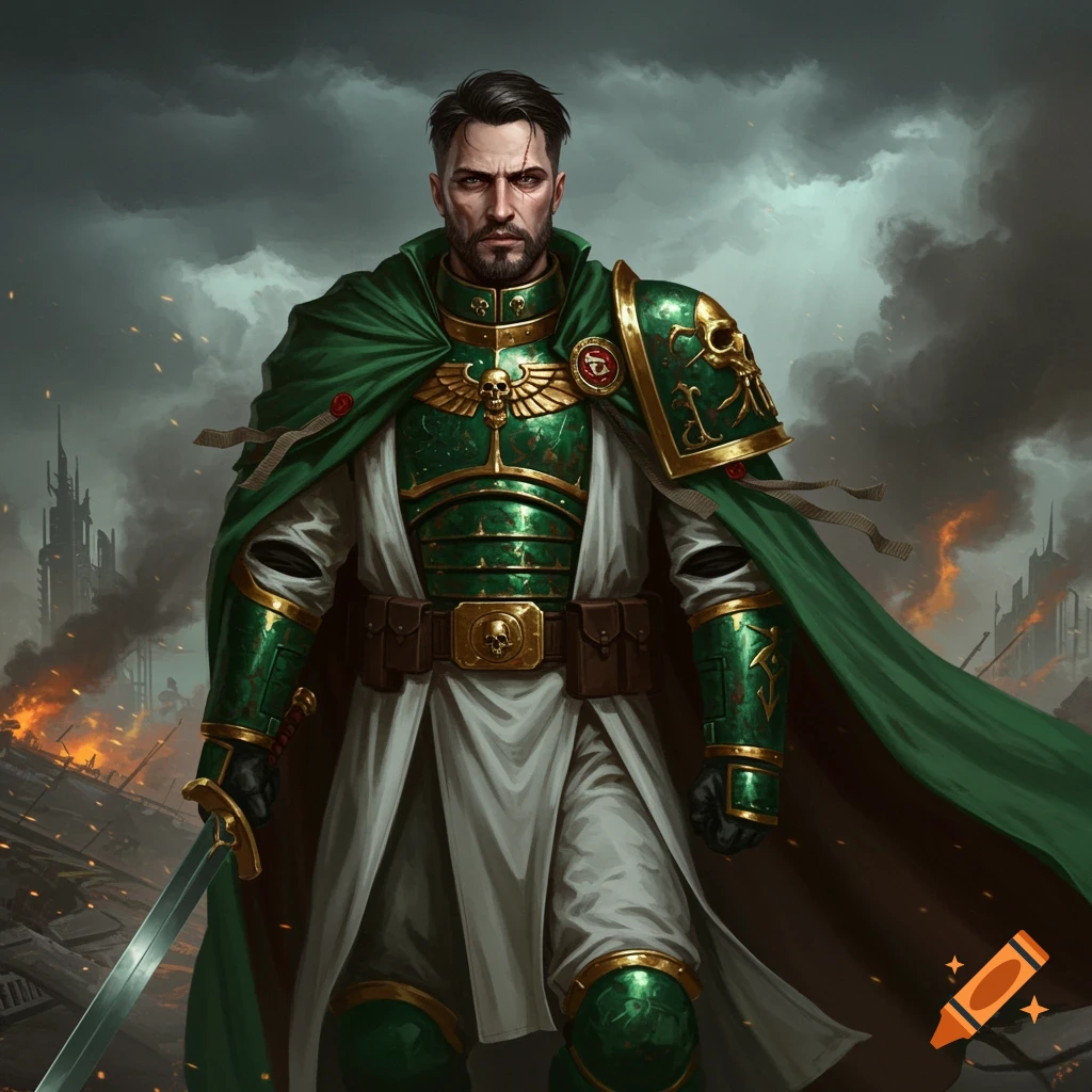 A man in green and gold armor with a cape and sword stands in a burning, ruined city under a stormy sky.