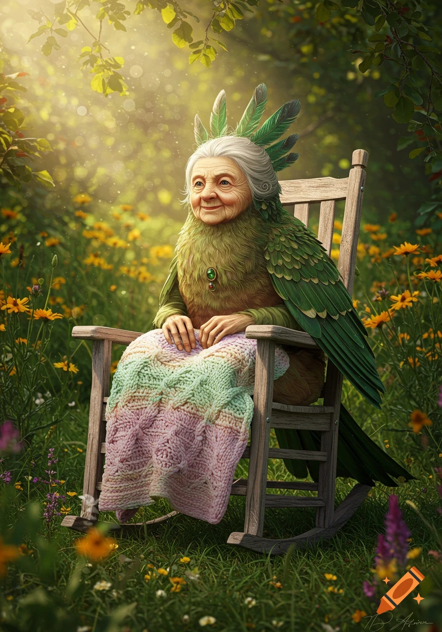 An old woman with green bird feathers and plumage sits in a rocking chair with a knitted blanket in a sunlit, flower-filled garden.