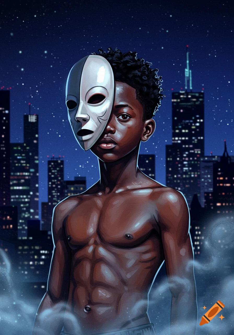 A stylized illustration of a muscular Black boy wearing a split white-and-black mask against a star-filled city night.