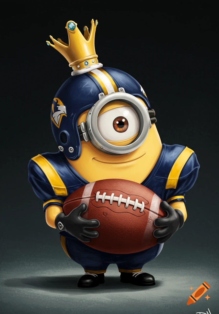 A Minion wearing a gold crown and a navy and yellow football uniform, holding a football.