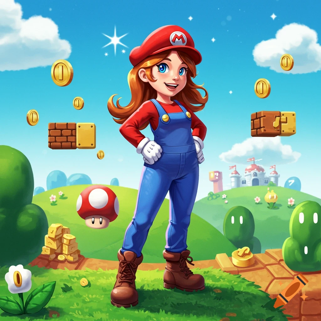 A female character in a Mario costume with a red cap, blue overalls, and red shirt, stands in a colorful Super Mario Bros. landscape.