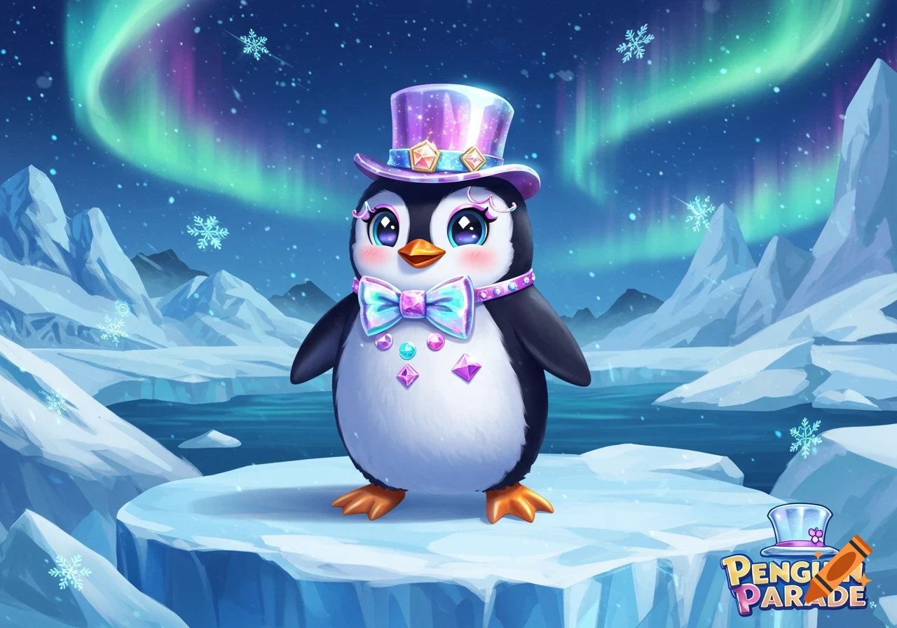 A cute, cartoon penguin in a purple top hat and blue bow tie stands on ice under an aurora borealis sky. Game logo 'Penguin Parade'.