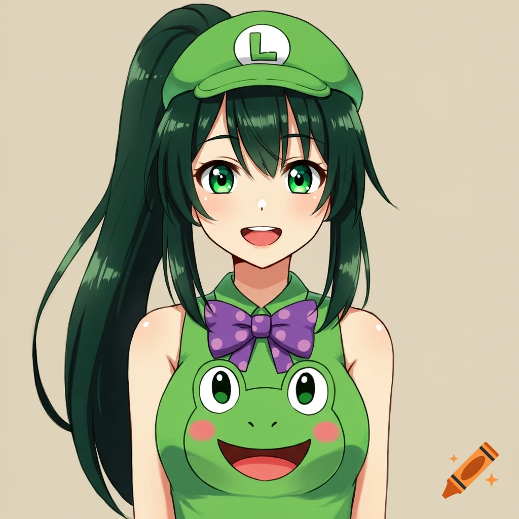 An anime woman with dark green hair, a green Luigi hat, and a frog-face top, smiling.