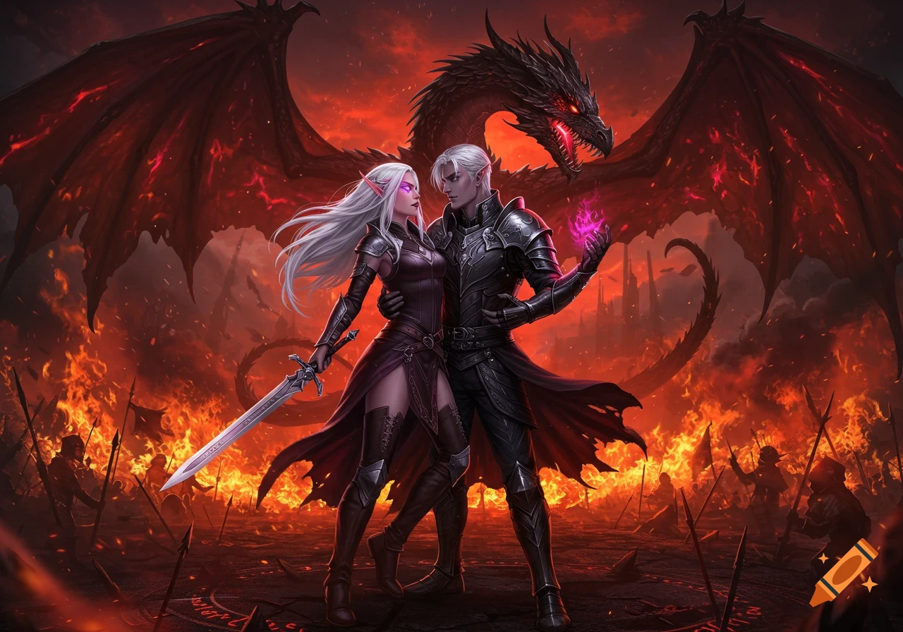 A white-haired female warrior with a sword and a silver-haired male warrior with magic stand with a black dragon on a fiery battlefield.