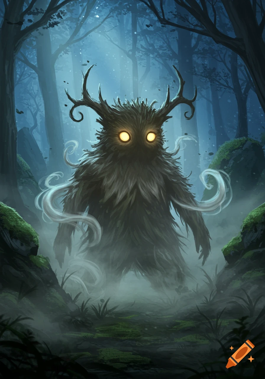 A dark, shaggy, tree-like creature with glowing yellow eyes and antlers stands in a misty, dark forest.