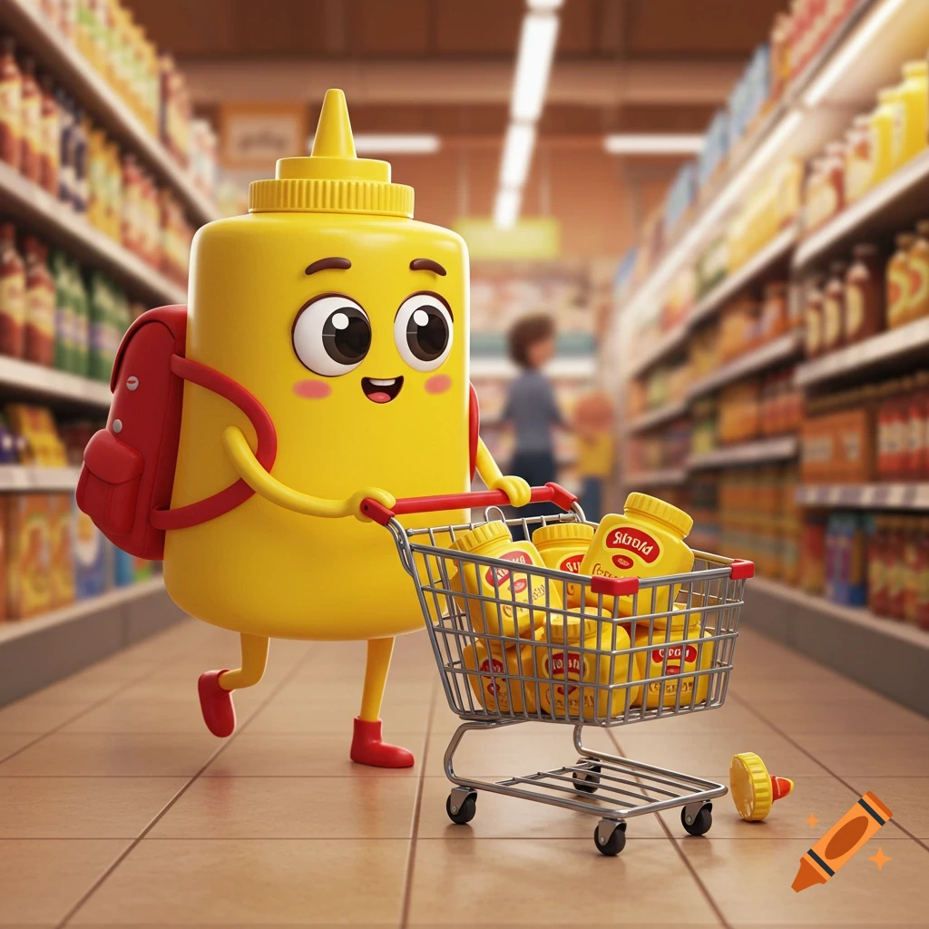 A cute cartoon mustard bottle wearing a red backpack pushes a shopping cart full of mustard bottles down a supermarket aisle.