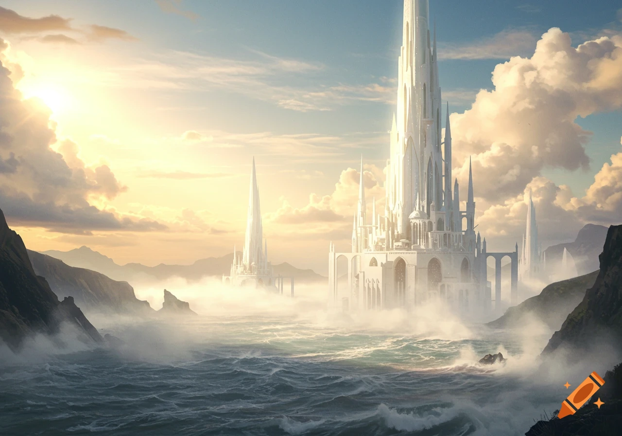 A majestic white citadel rises above a foggy sea with crashing waves and mountains, bathed in golden sunlight.