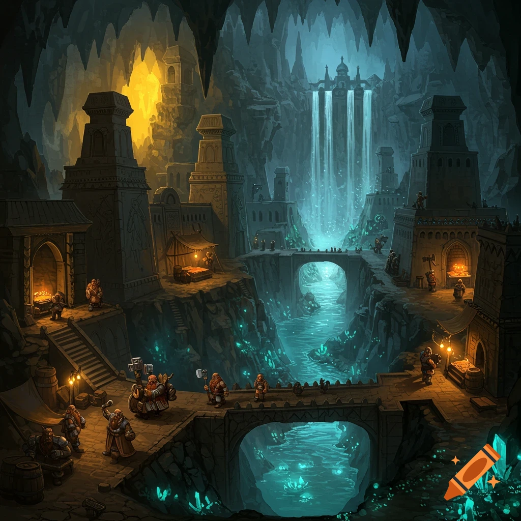An intricate illustration of a sprawling underground dwarven city with bridges over glowing blue rivers, stone structures, and dwarven inhabitants.