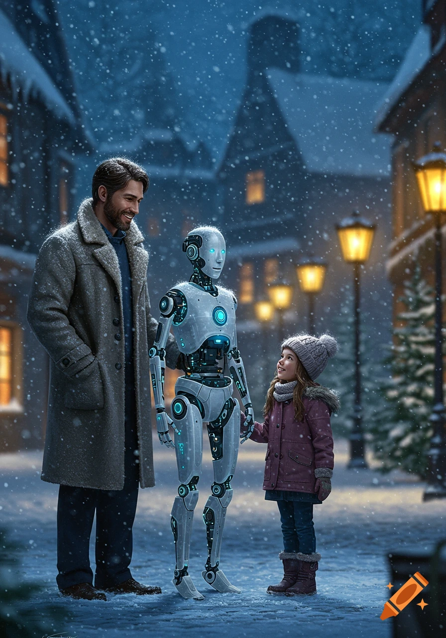 A man and a robot stand with a small girl in a snowy, lantern-lit street at night.