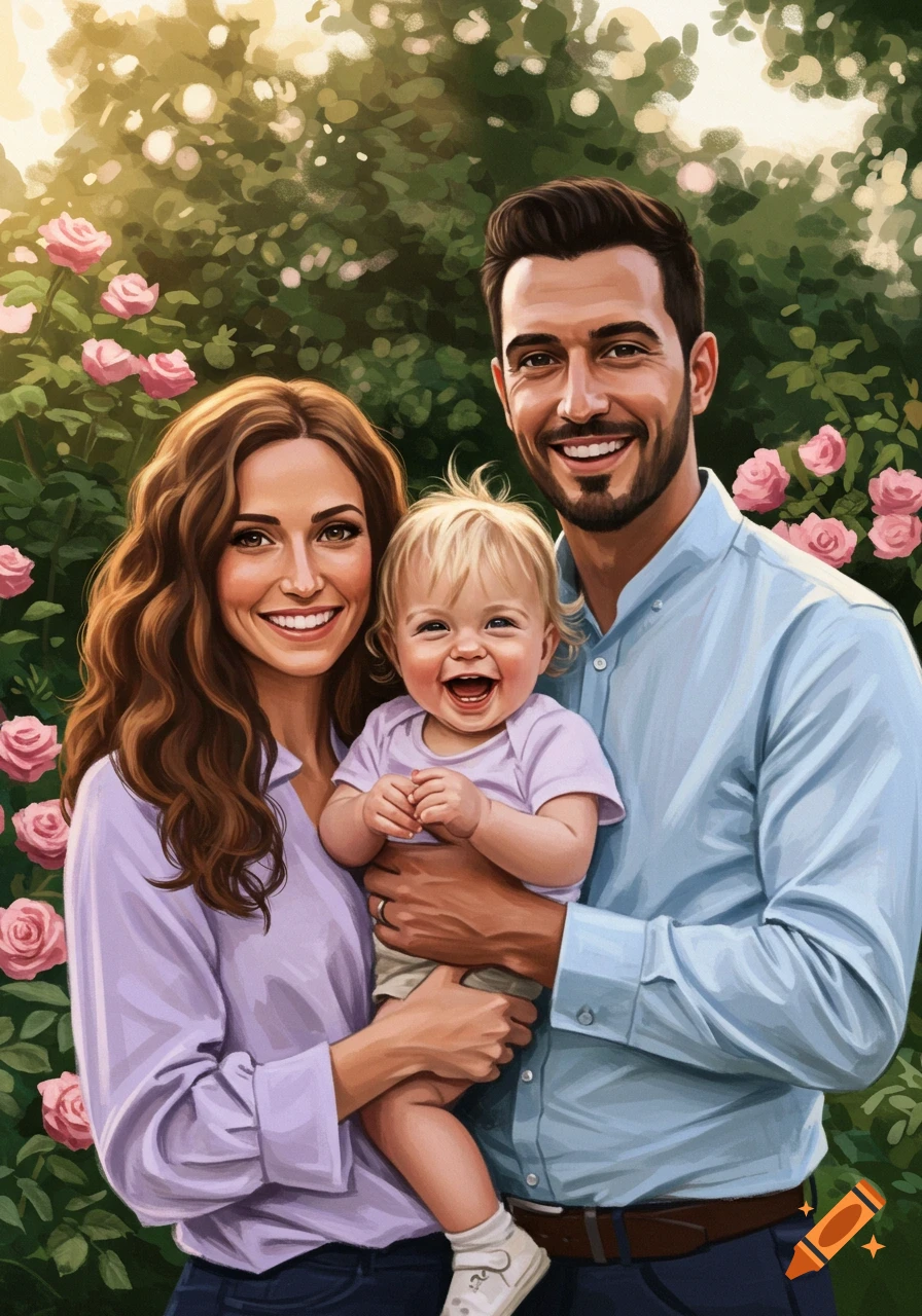 A family of three, a man, a woman, and a toddler, smile cheerfully in a vibrant green garden with pink roses, in a painterly style.