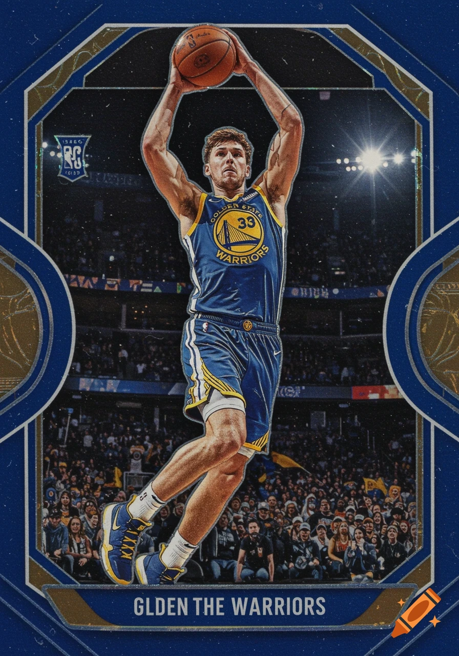 A close-up of a basketball trading card featuring a male player in a blue and yellow Golden State Warriors jersey, mid-jump with a basketball. The background shows a blurry stadium crowd.