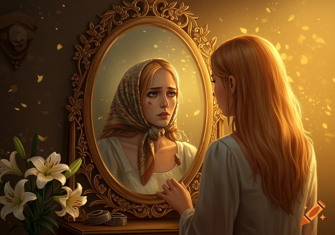 An illustration of a woman with long blonde hair looking into an ornate mirror, her reflection appears tearful with a visible mark on her chest.