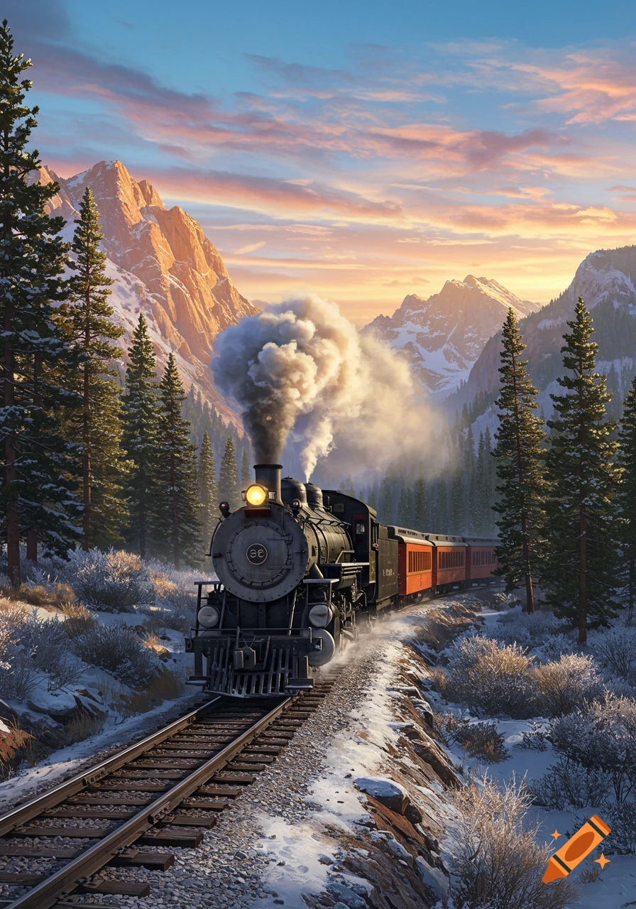 A steam train travels through a snowy mountain landscape at sunset, with tall pine trees and orange-hued mountains under a colorful sky.