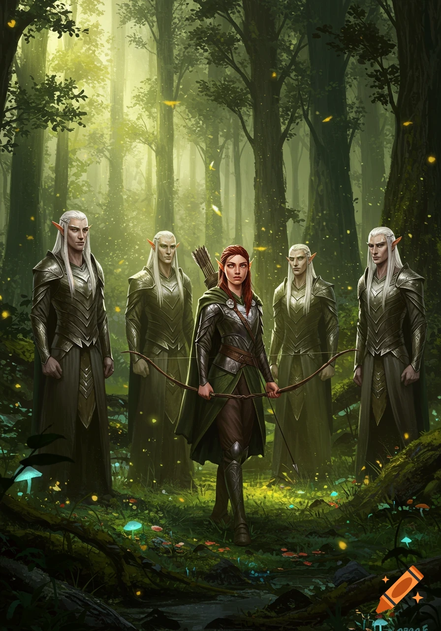 A red-haired female elf with a bow stands in a mystical forest, flanked by four male elves in armor.