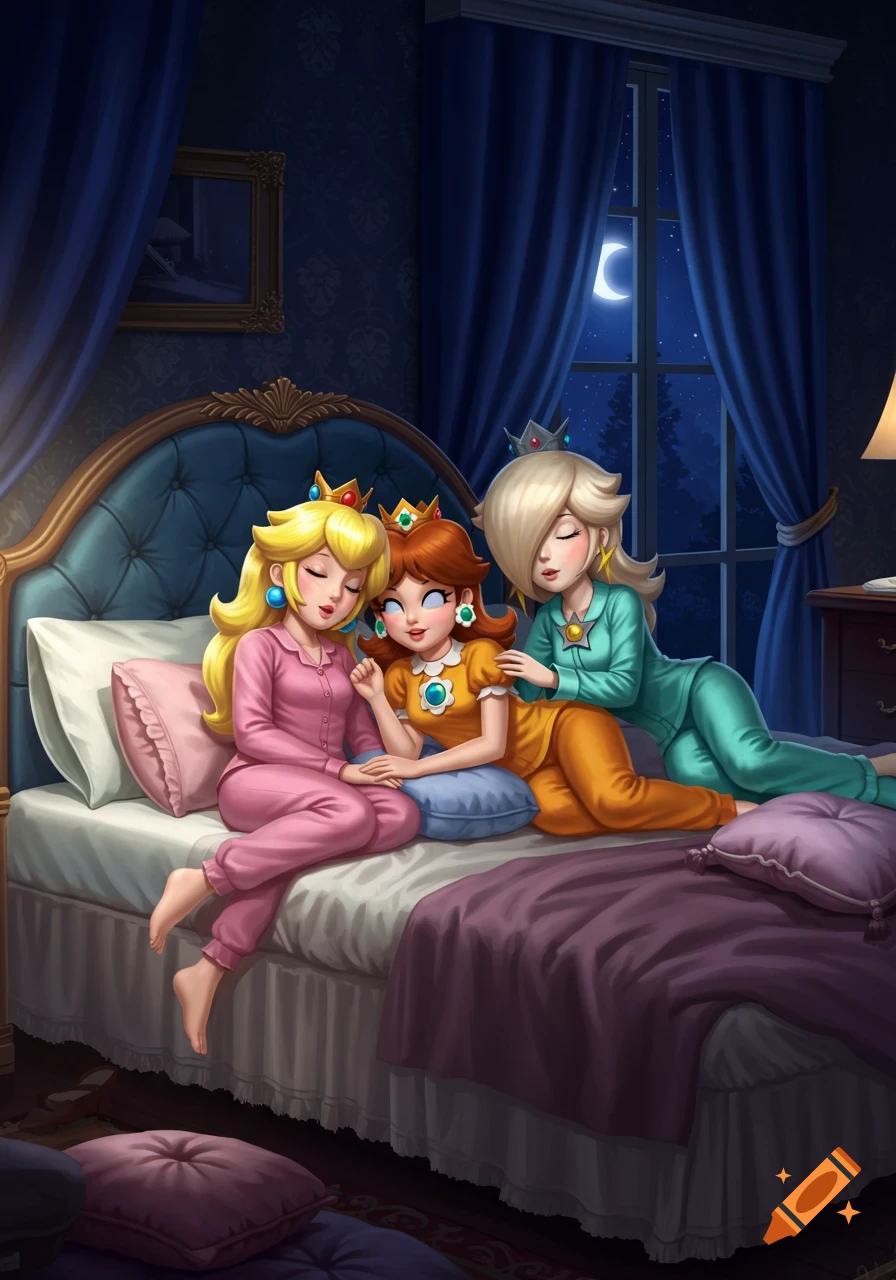 Princess Peach in pink pajamas, Princess Daisy in orange pajamas, and Rosalina in cyan pajamas are relaxing on a bed at night.