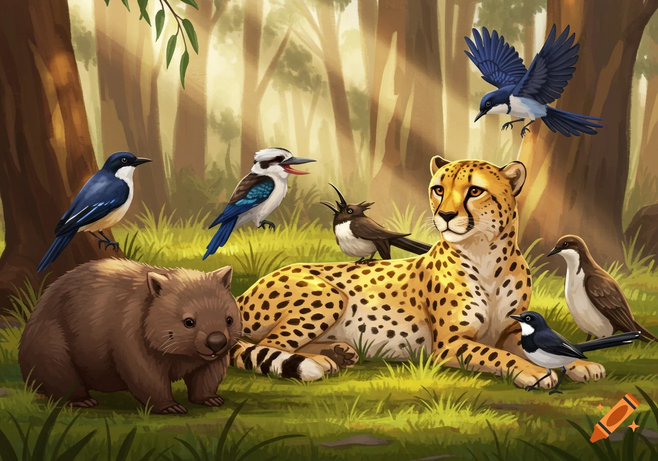 An illustration of a wombat, cheetah, kookaburra, and various birds gathered in a sunny forest.