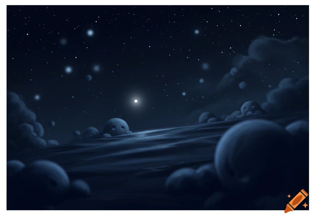A stylized night sky with a bright central star, surrounded by smaller stars and round, sleepy-eyed creatures peeking from dark rolling landscapes.