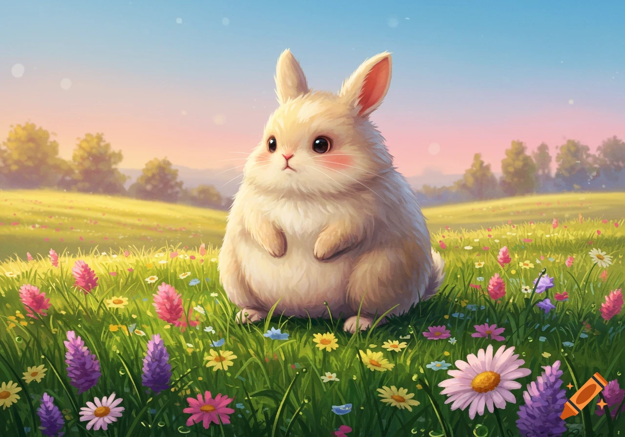 A fluffy, plump bunny sits in a vibrant green meadow filled with colorful wildflowers under a clear sky.
