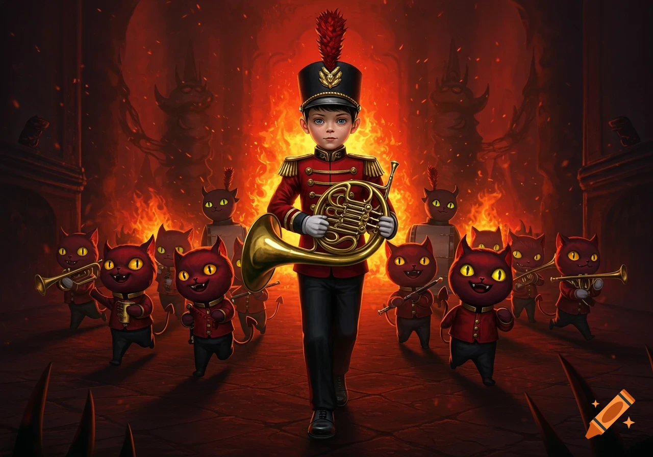 A boy in a red marching band uniform plays a French horn, leading a band of red cat-like creatures with horns and tails in a fiery, hellish setting.