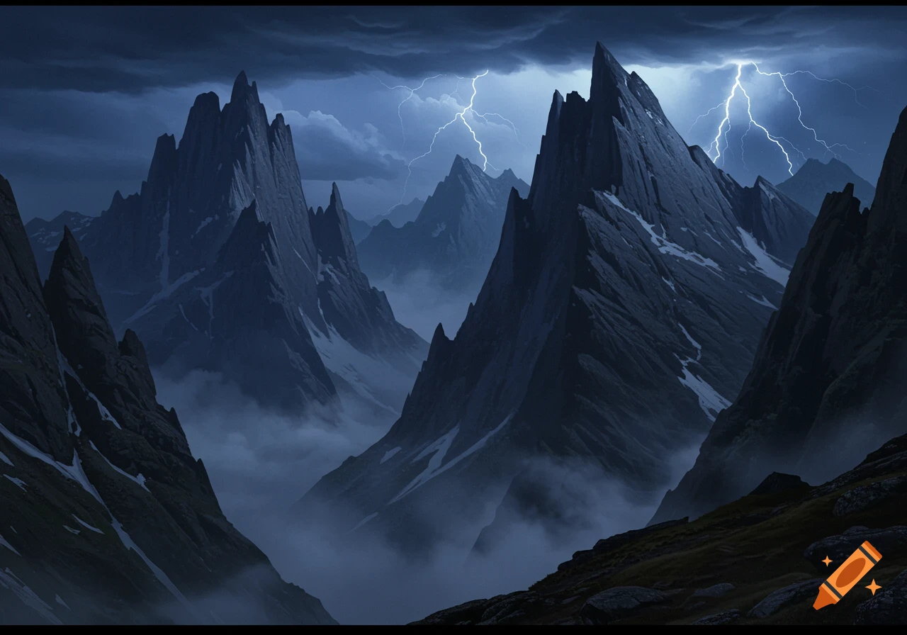Dramatic dark mountain range under a stormy sky with lightning and mist.