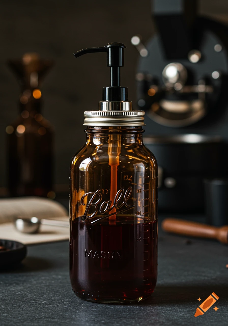 Close-up product photo of an amber glass Ball Mason jar syrup bottle with a black pump, filled with dark liquid, on a dark surface.