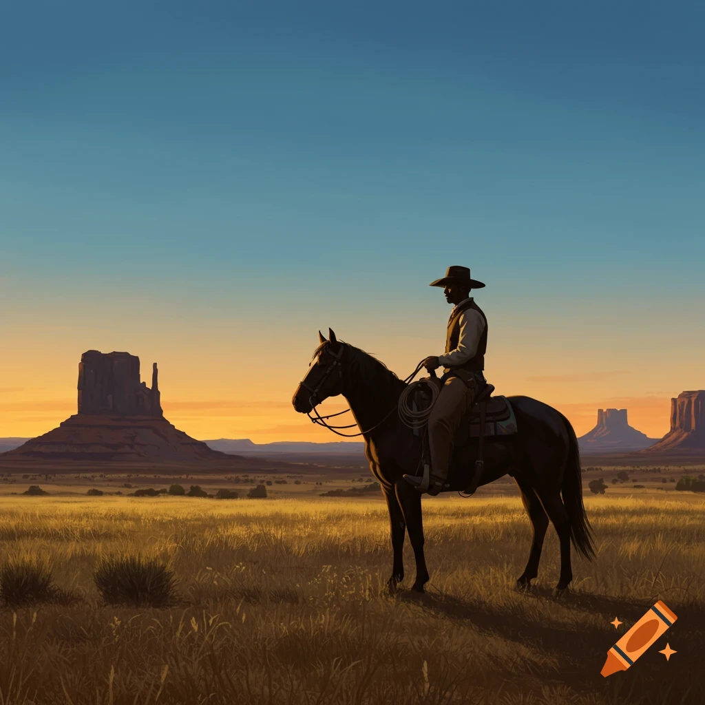 A cowboy on horseback silhouetted against a vibrant sunset in a vast desert landscape with prominent buttes.