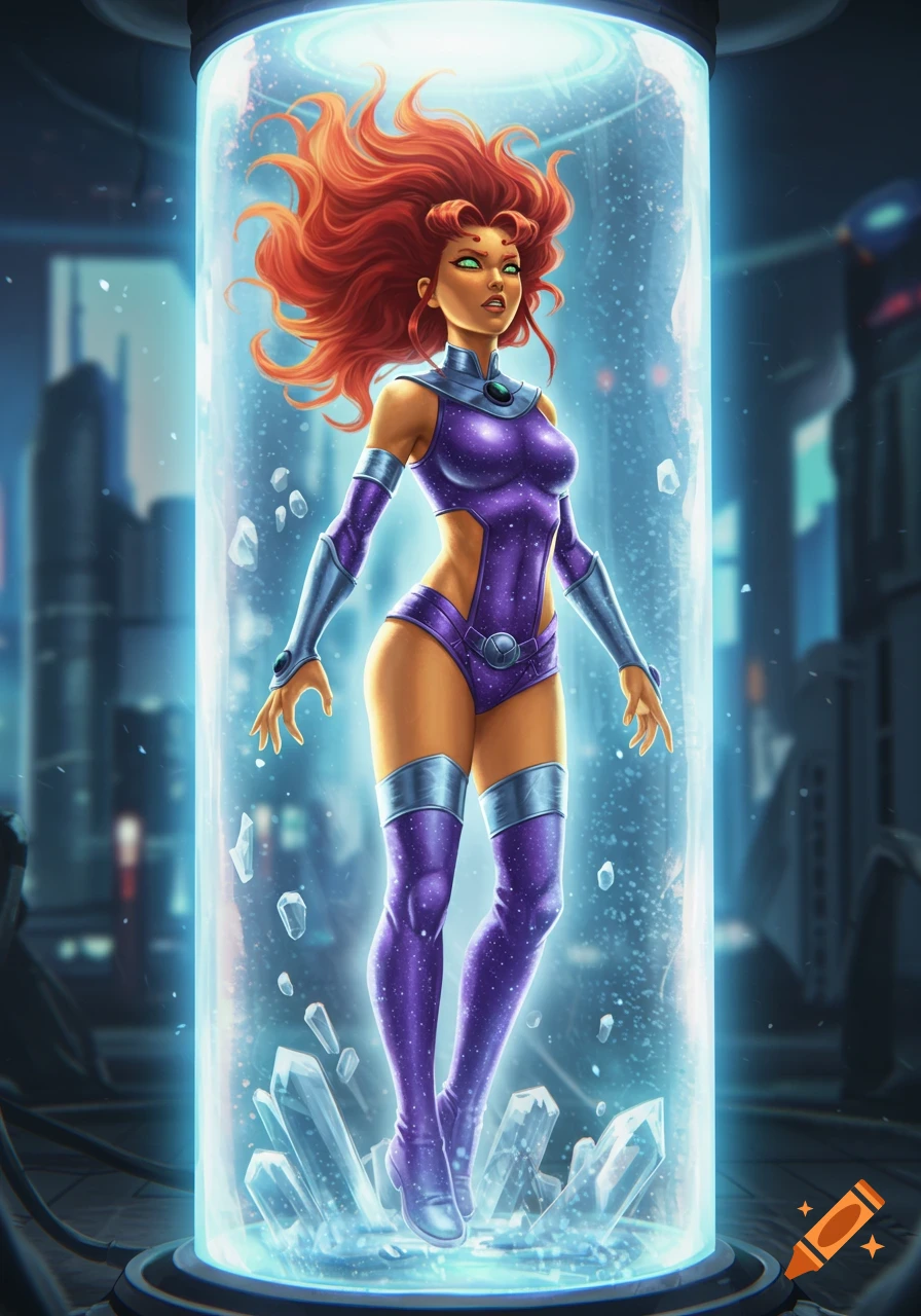 Starfire from DC Comics in a purple suit, with fiery red hair, trapped in a glowing blue stasis tube surrounded by ice shards in a futuristic city.