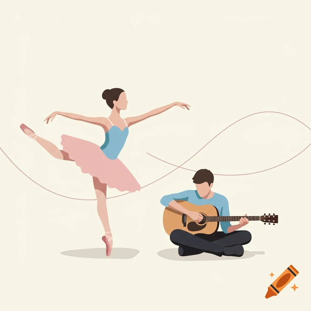 An abstract drawing of a ballerina en pointe and a man playing an acoustic guitar, separated by flowing lines, on a light background.