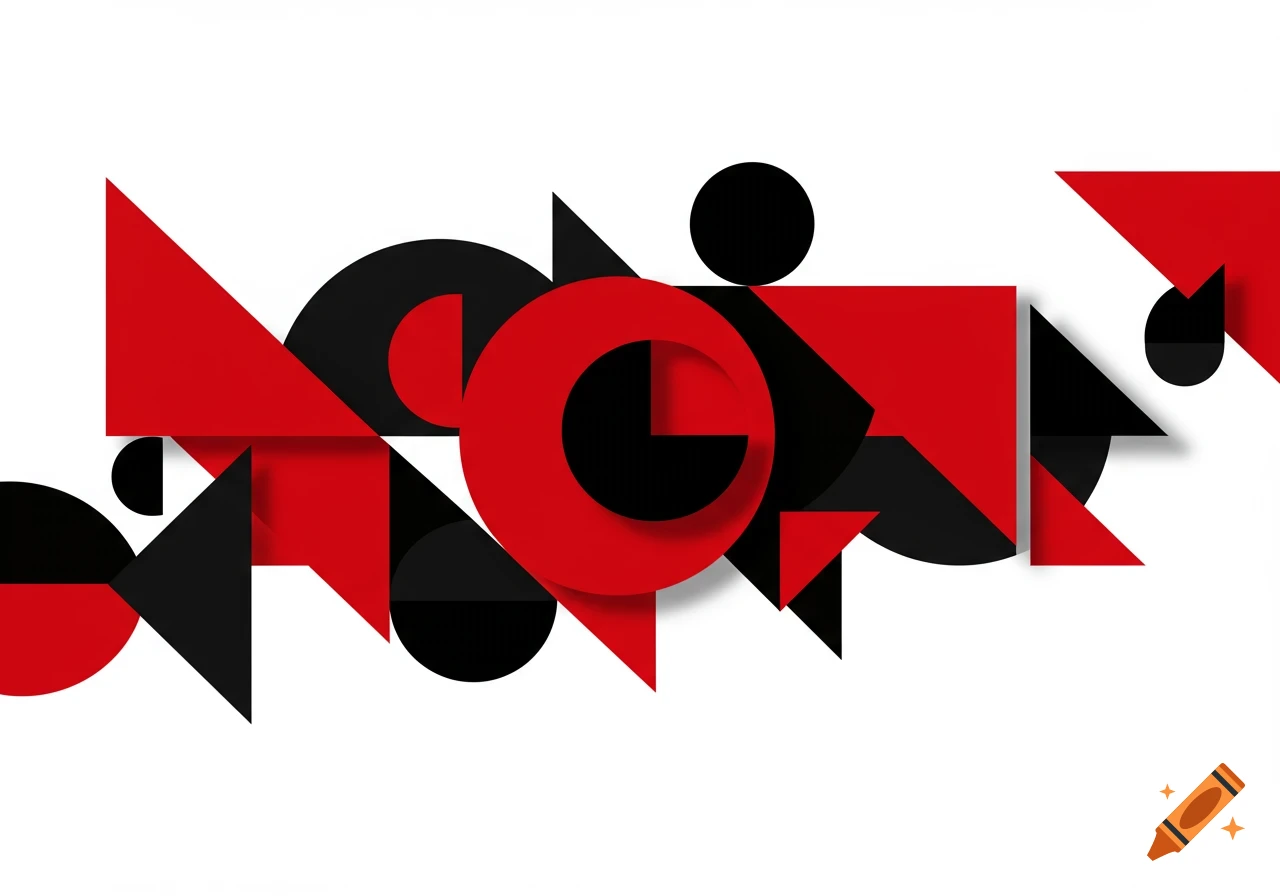 An abstract composition of overlapping red and black geometric shapes with shadows on a white background.