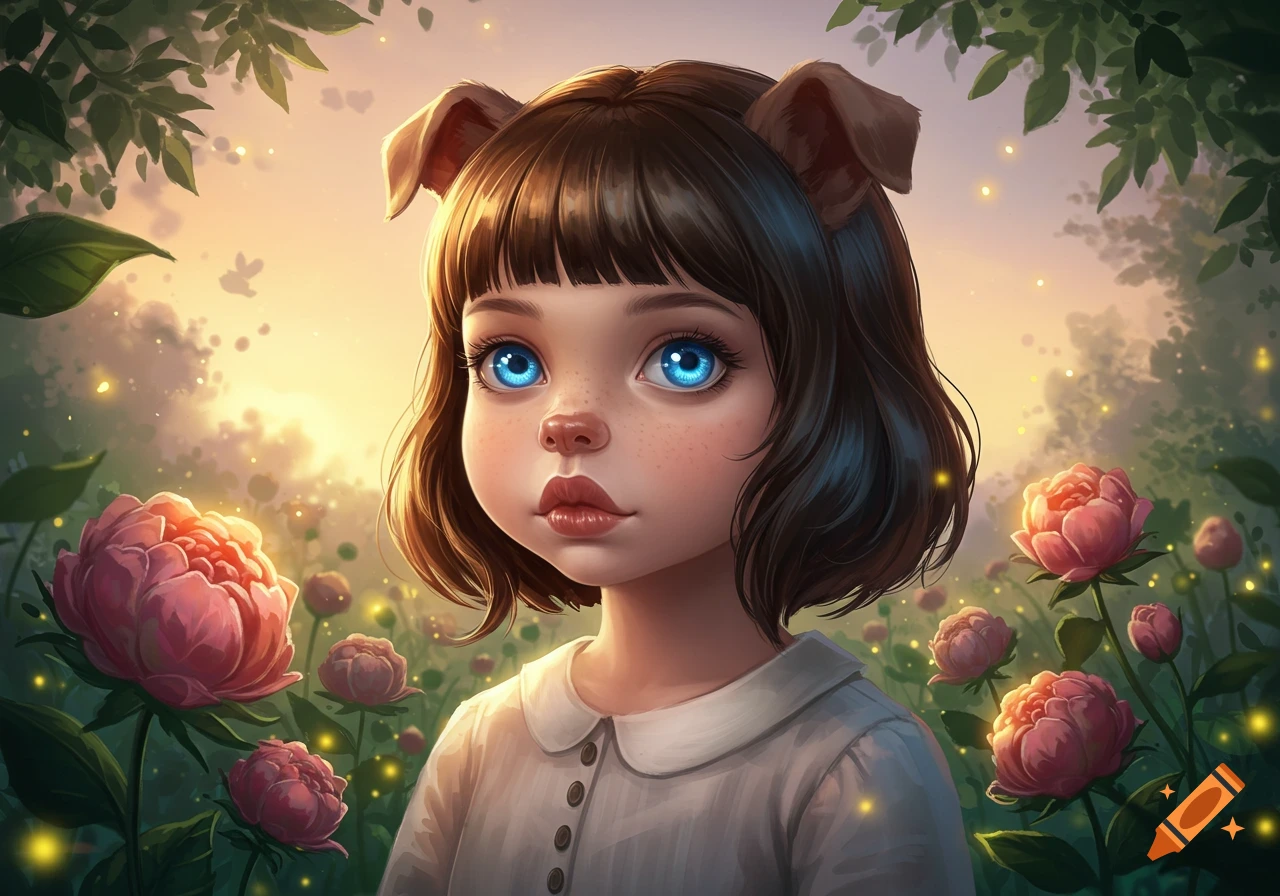 A whimsical portrait of a young girl with blue eyes and dog-like ears, standing among pink peonies with a glowing sky in the background.
