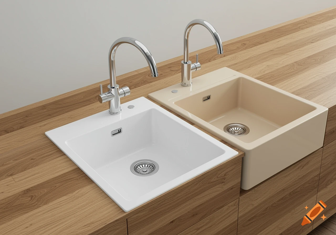 Two white and beige kitchen sinks with chrome faucets set in a light wooden countertop, photorealistic.