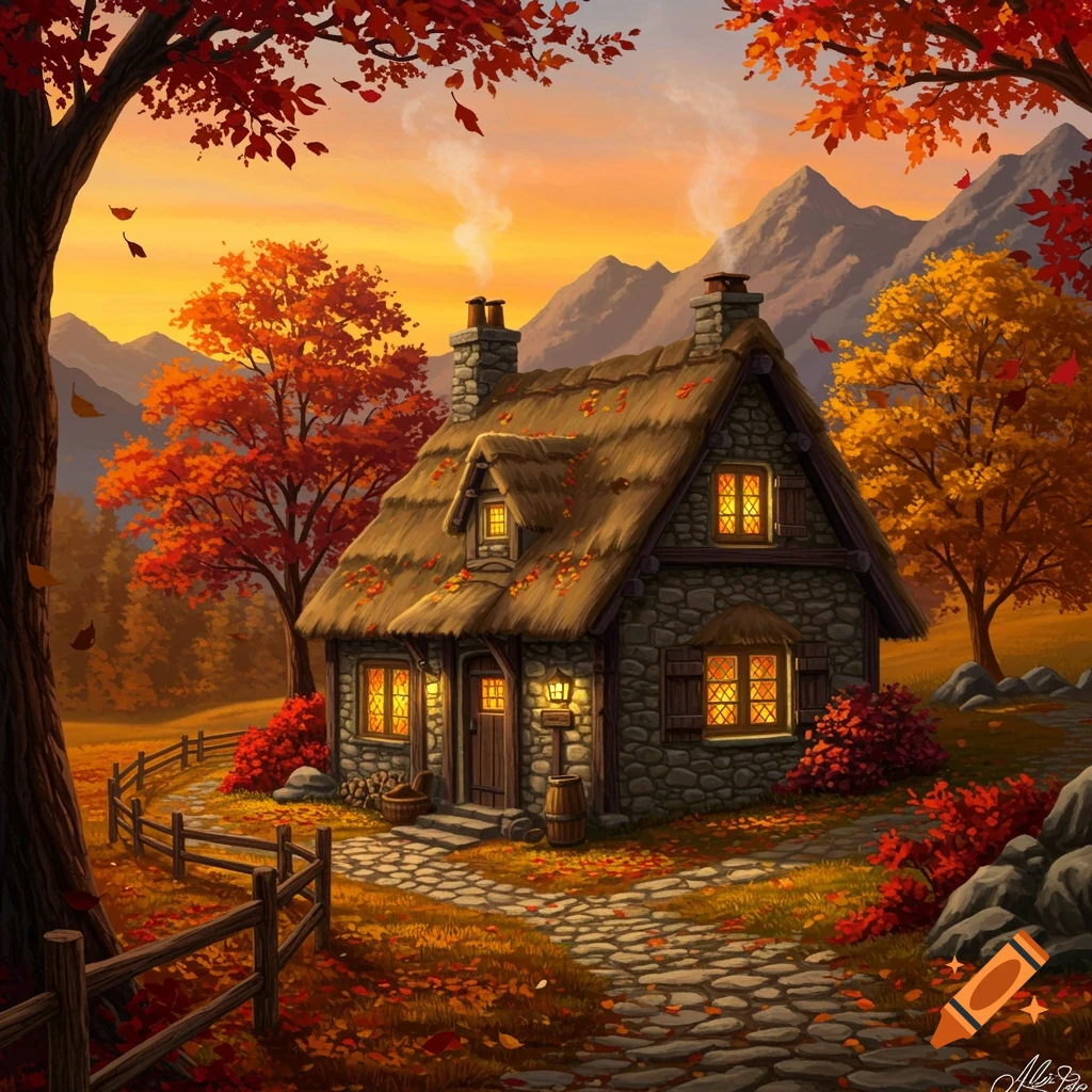 A cozy stone cottage with a thatched roof nestled in autumn mountains, surrounded by colorful trees under a vibrant sunset.