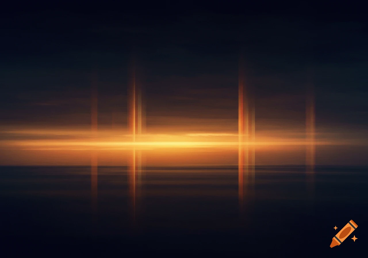 An abstract image showing bright orange and yellow light beams against a dark, hazy background, creating a horizon-like effect.